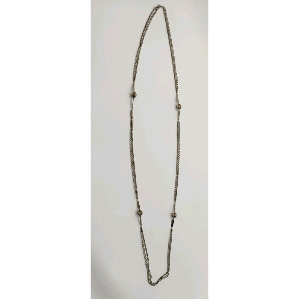 Vtg Unsigned Silver Toned Chain Sweater Necklace Beads Double Strand 26"